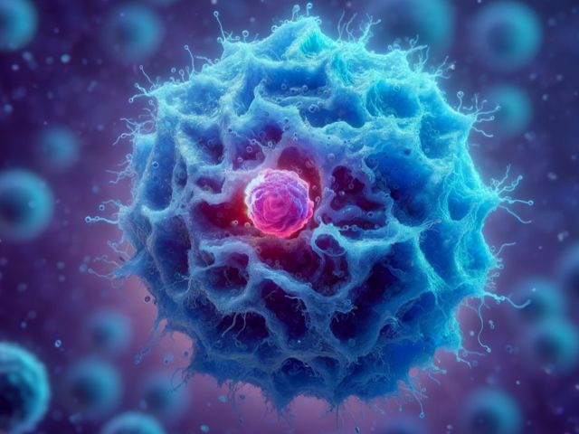 A blue macrophage engulfs a magenta lymphocyte, as rendered by ChatGPT4.